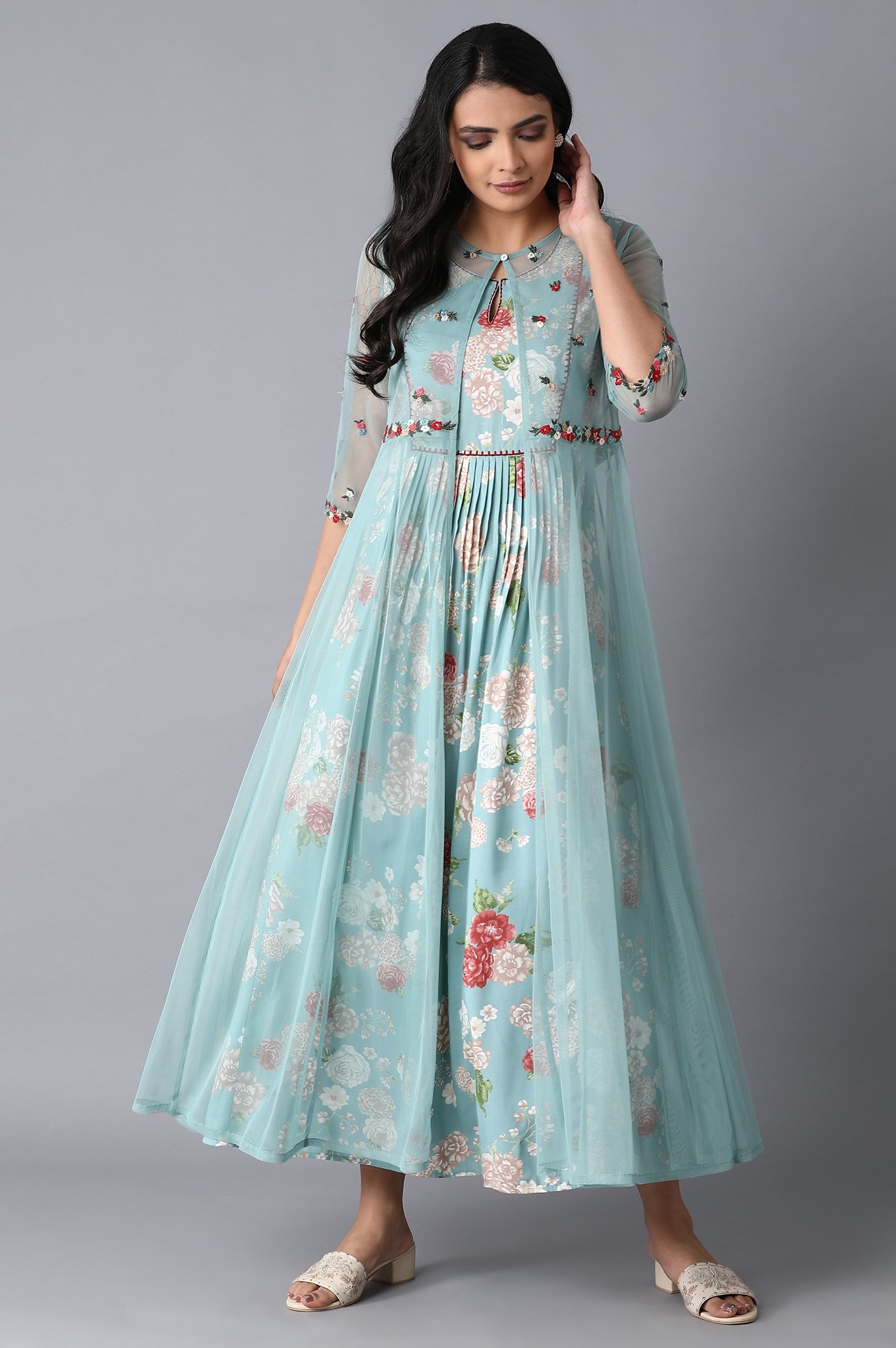 W | W Light Teal Floral Print Dress-Gilet Set