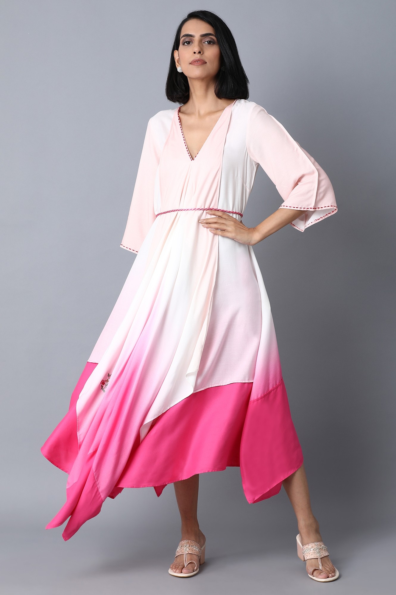 W | Pink and Ecru Color Blocked Asymetric Dress