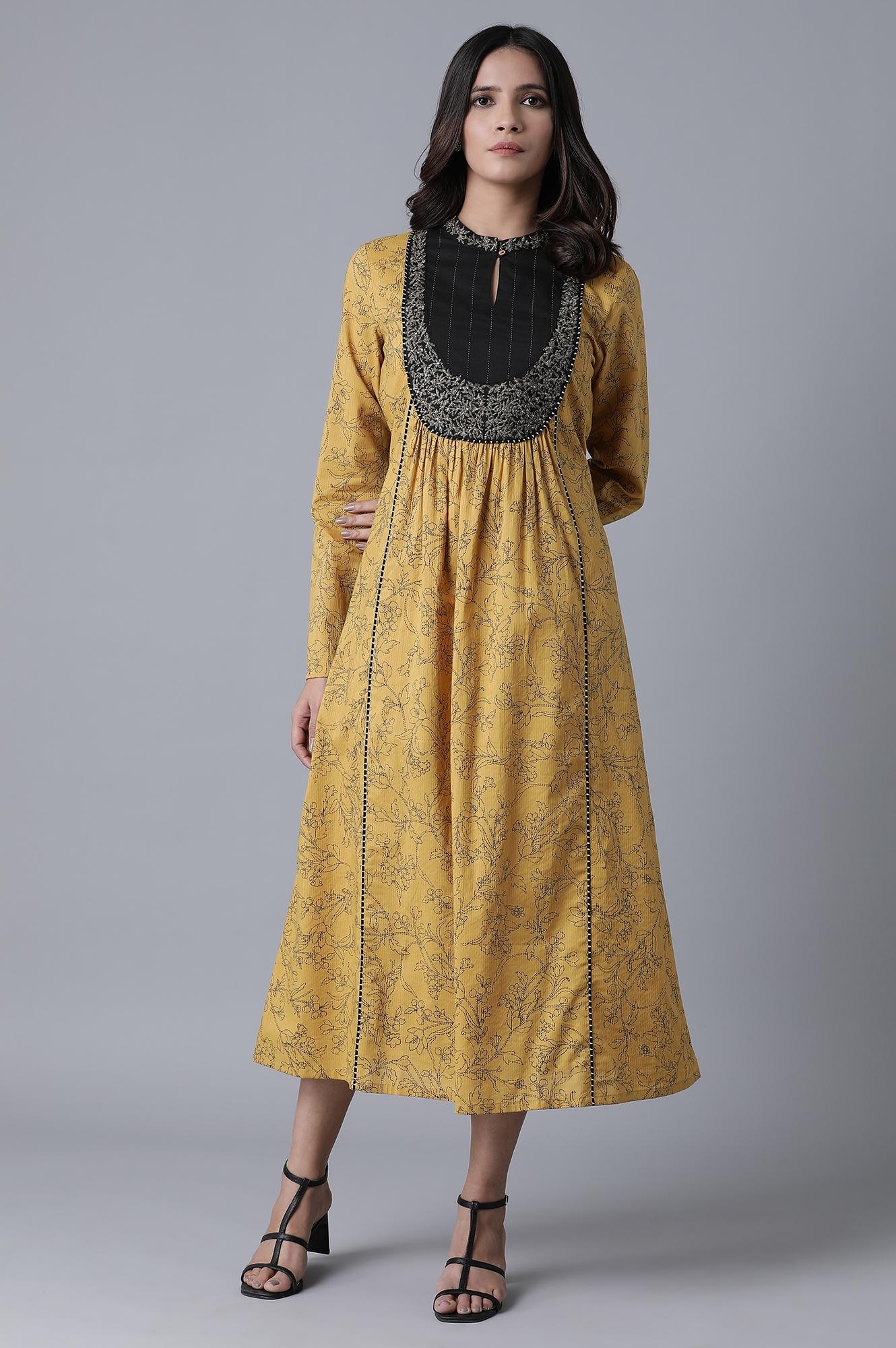 W | Yellow Embroidered and Printed Dress