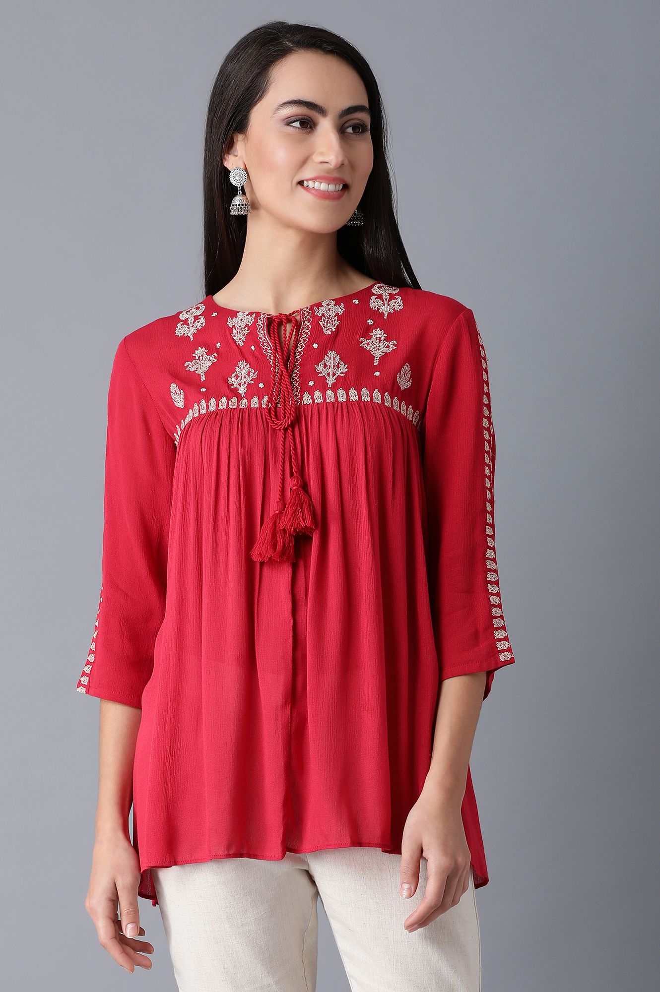 W | Red Embroidered Gathered Top