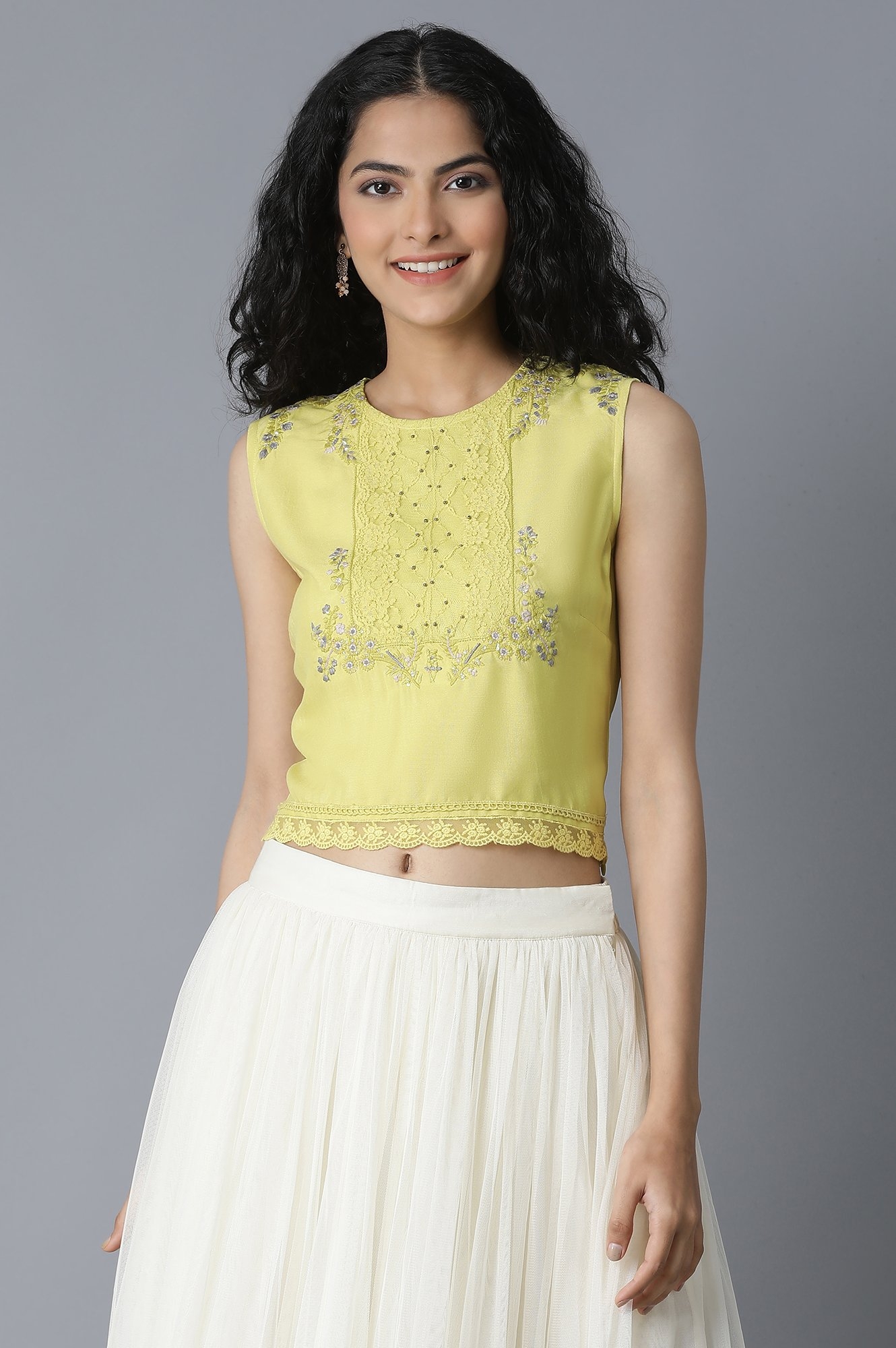 W | Lime Yellow Embroidered Crop Top