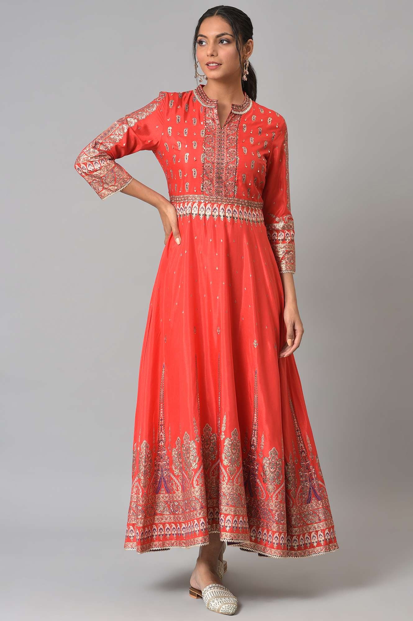 W | Wishful By W Tomato Red Festive Mughal Gown 