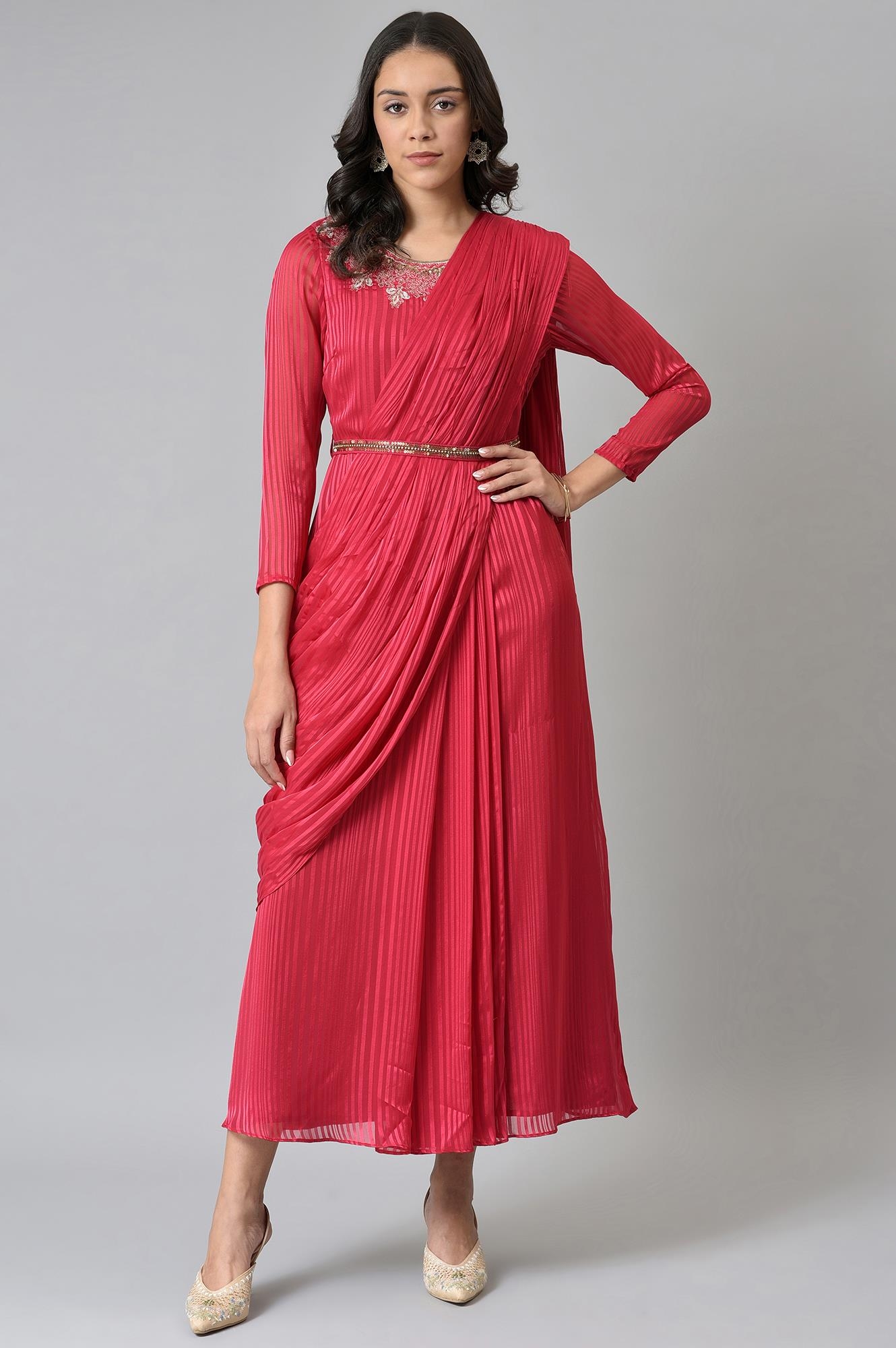 W | Wishful by W Coral Red Embroidered Predape Saree Dress
