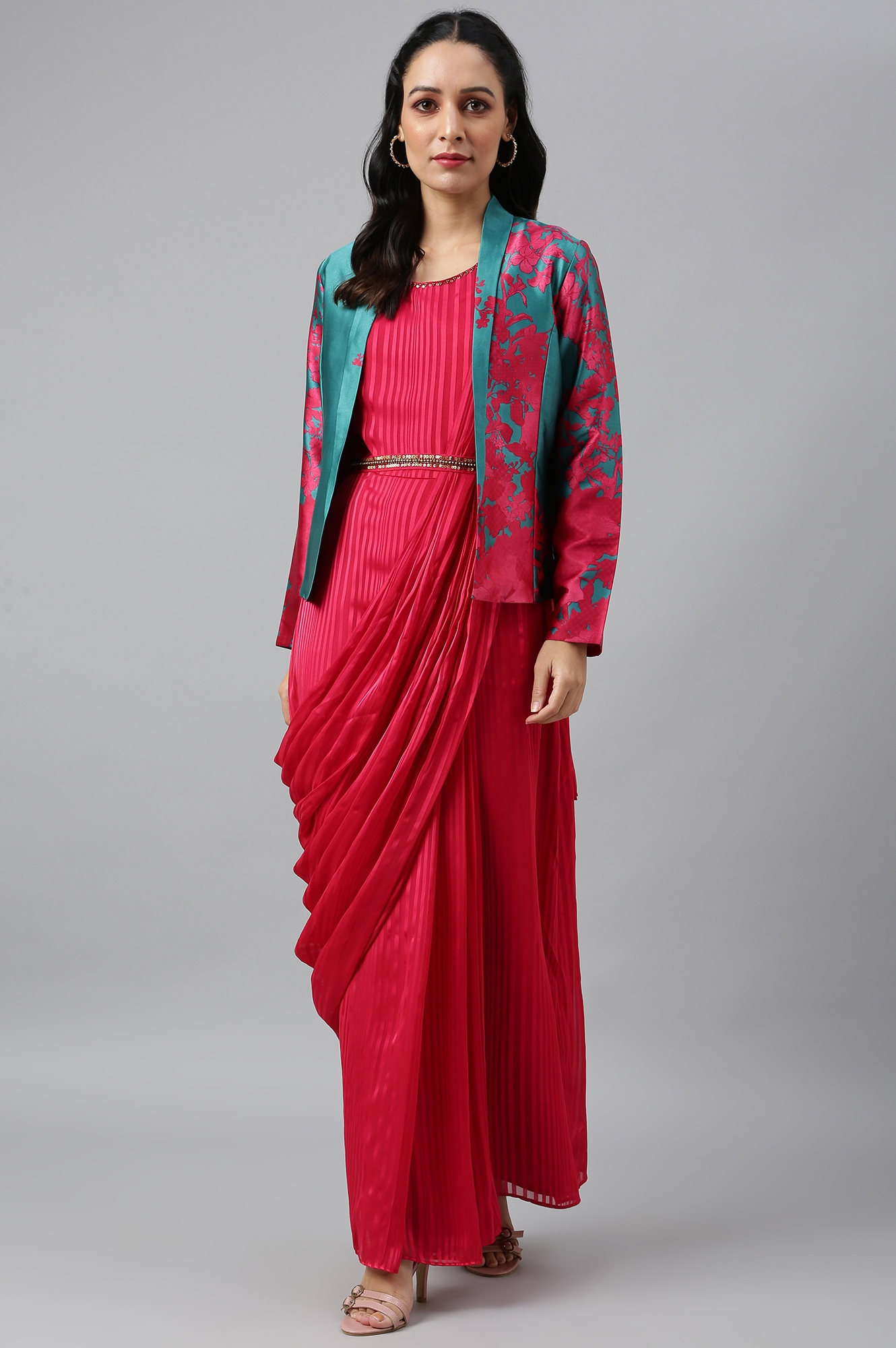 W | Wishful by W Coral Red Sleeveless Predrape Saree Dress with Belt and Tailored Jacket Set