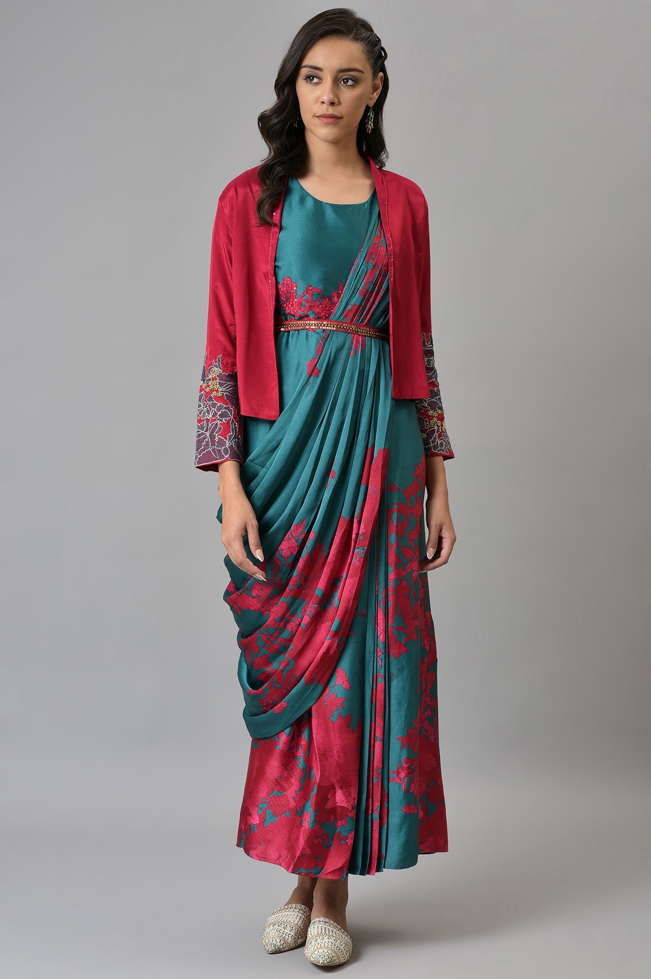 W | Wishful by W Green and Red Sleeveless Predrape Saree Dress with Belt and Tailored Jacket