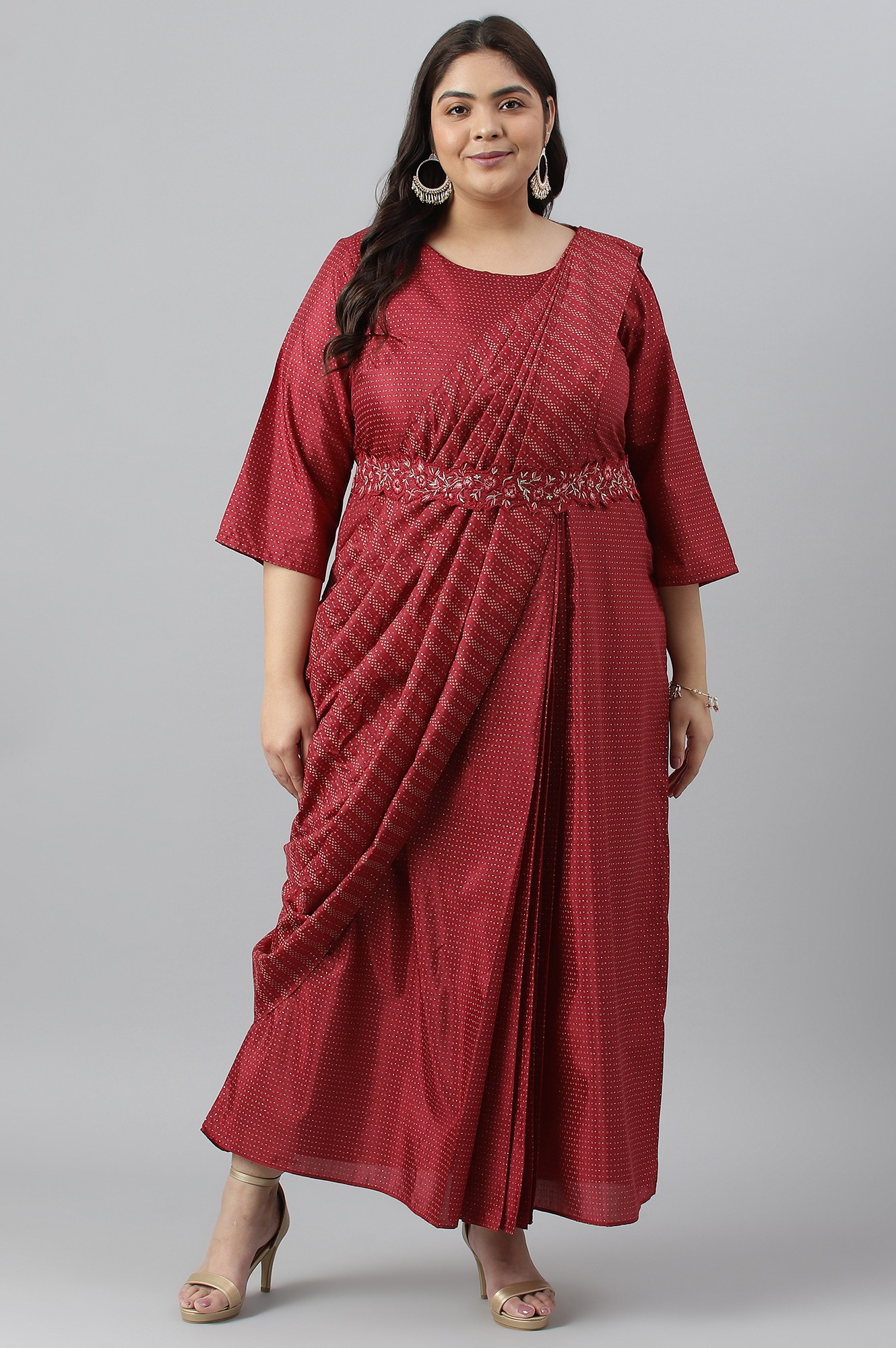W Plus Size Maroon Insta Saree Dress with Embroidered Belt