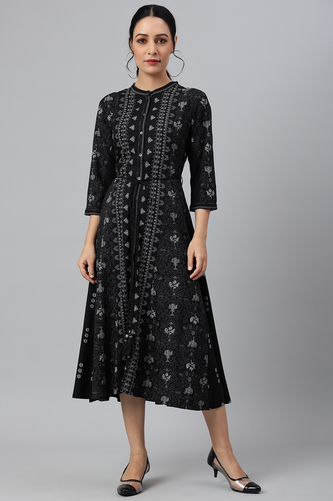 W | W Black Floral Printed Panelled Indie Dress