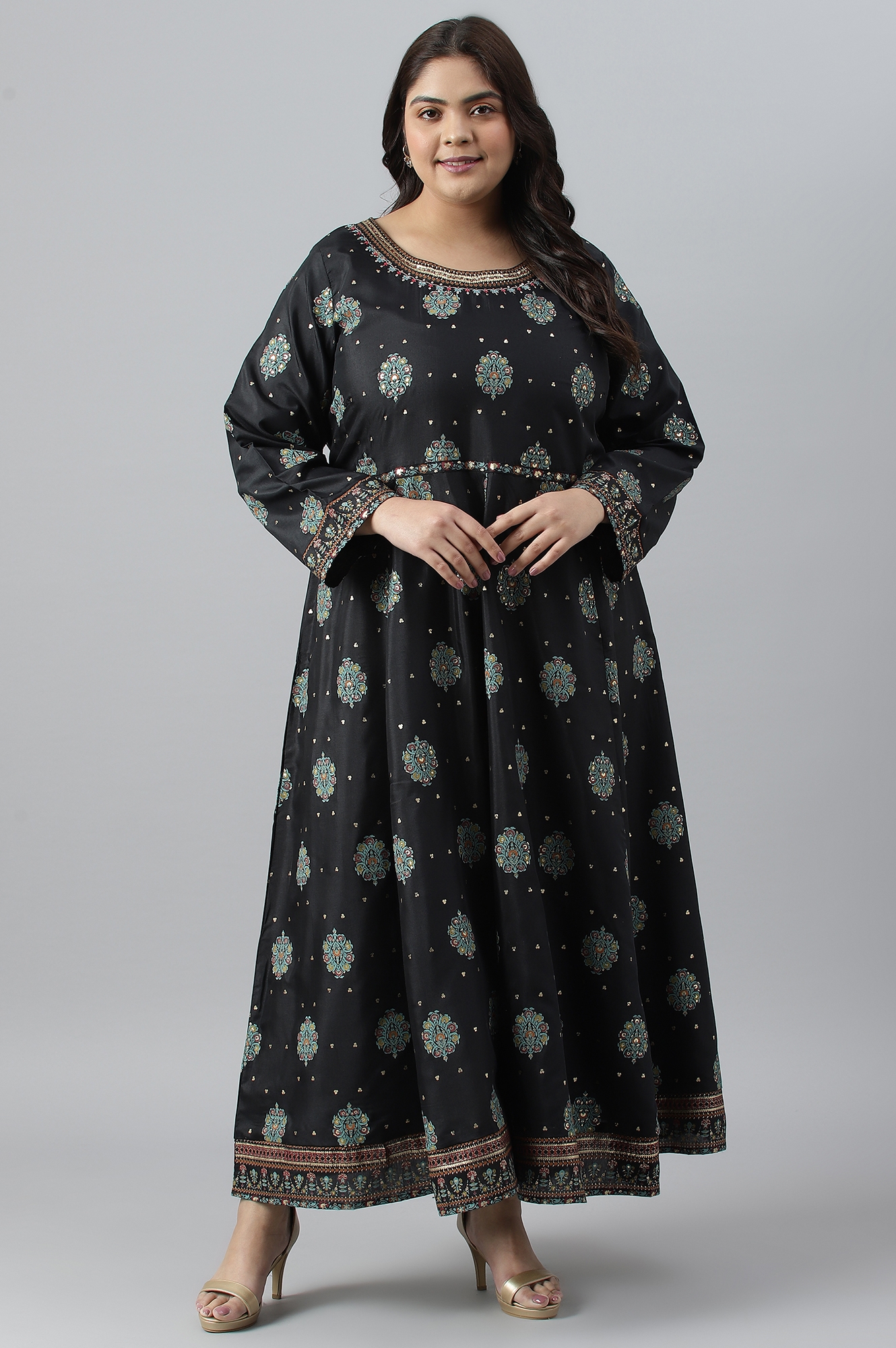 W Jet Black Printed Kalidar Embroidered Plus Size Dress