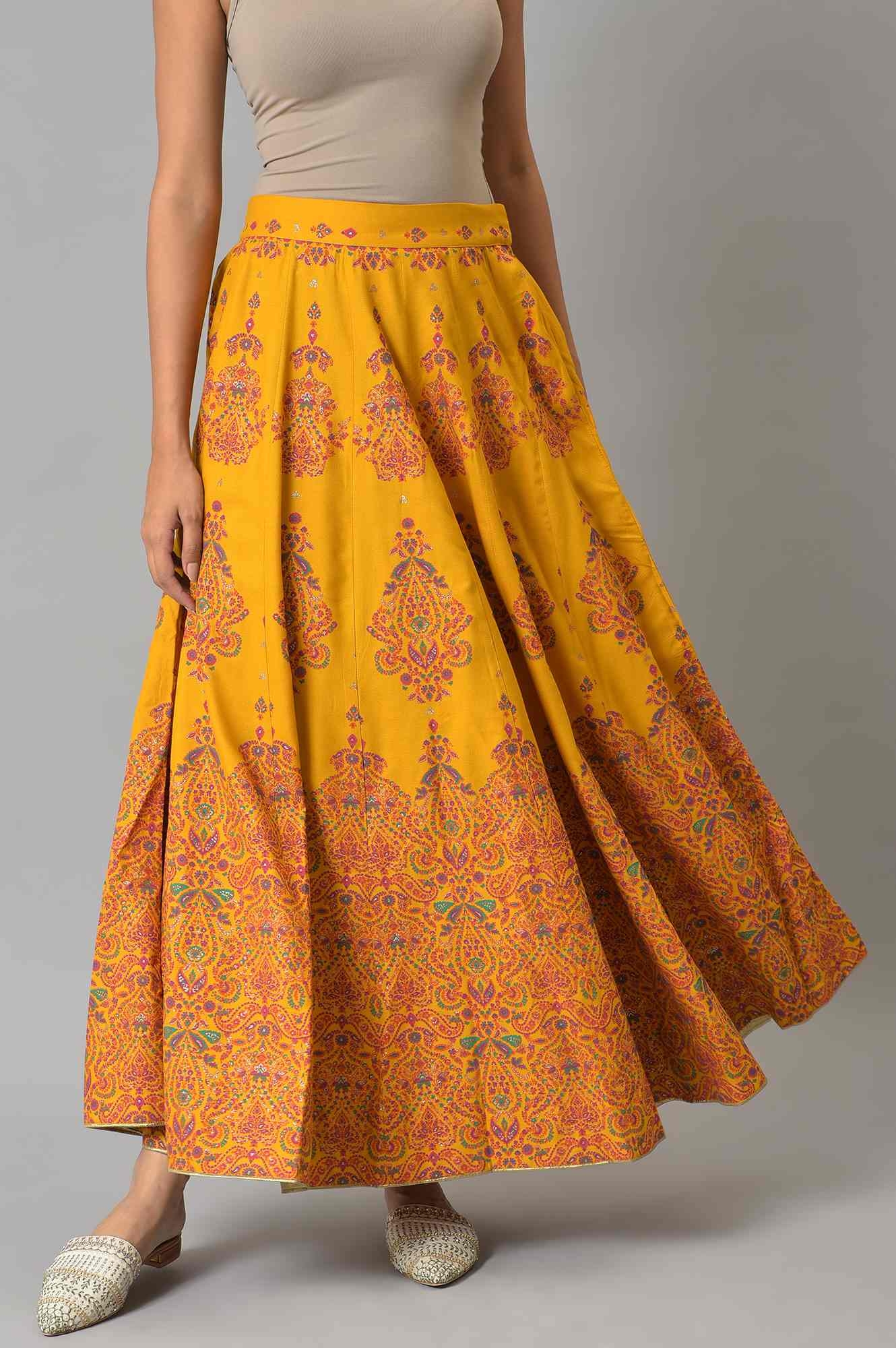 Women's Yellow Viscose Floral Skirts