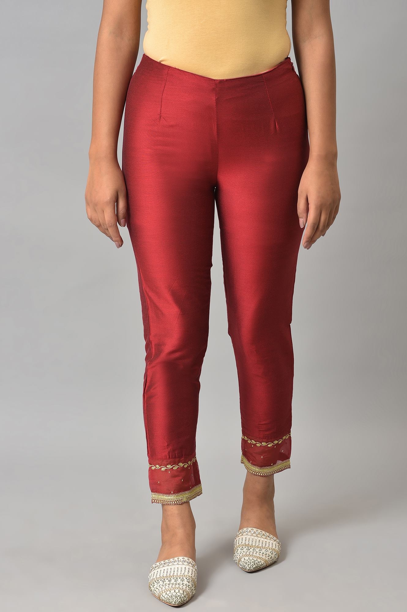 W | W Red Embroidered Light Festive Slim Pants