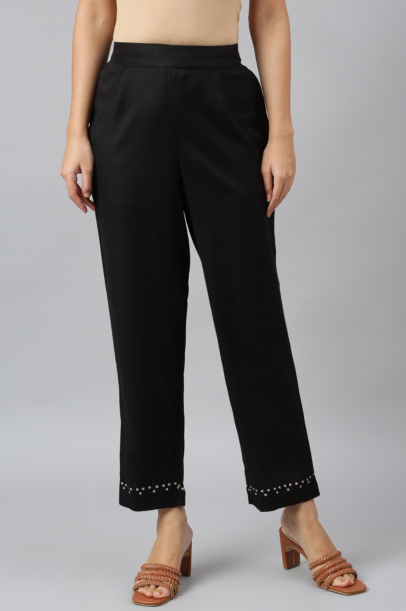 W | Black Embroidered Straight Pants