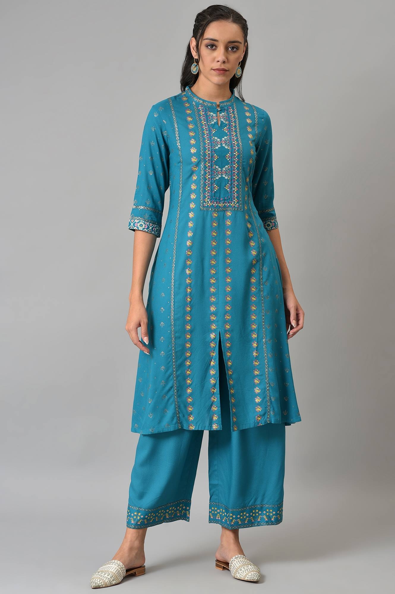 Buy W Blue A-line Embroidered Kurta with Parallel Pants - W | Fynd ...