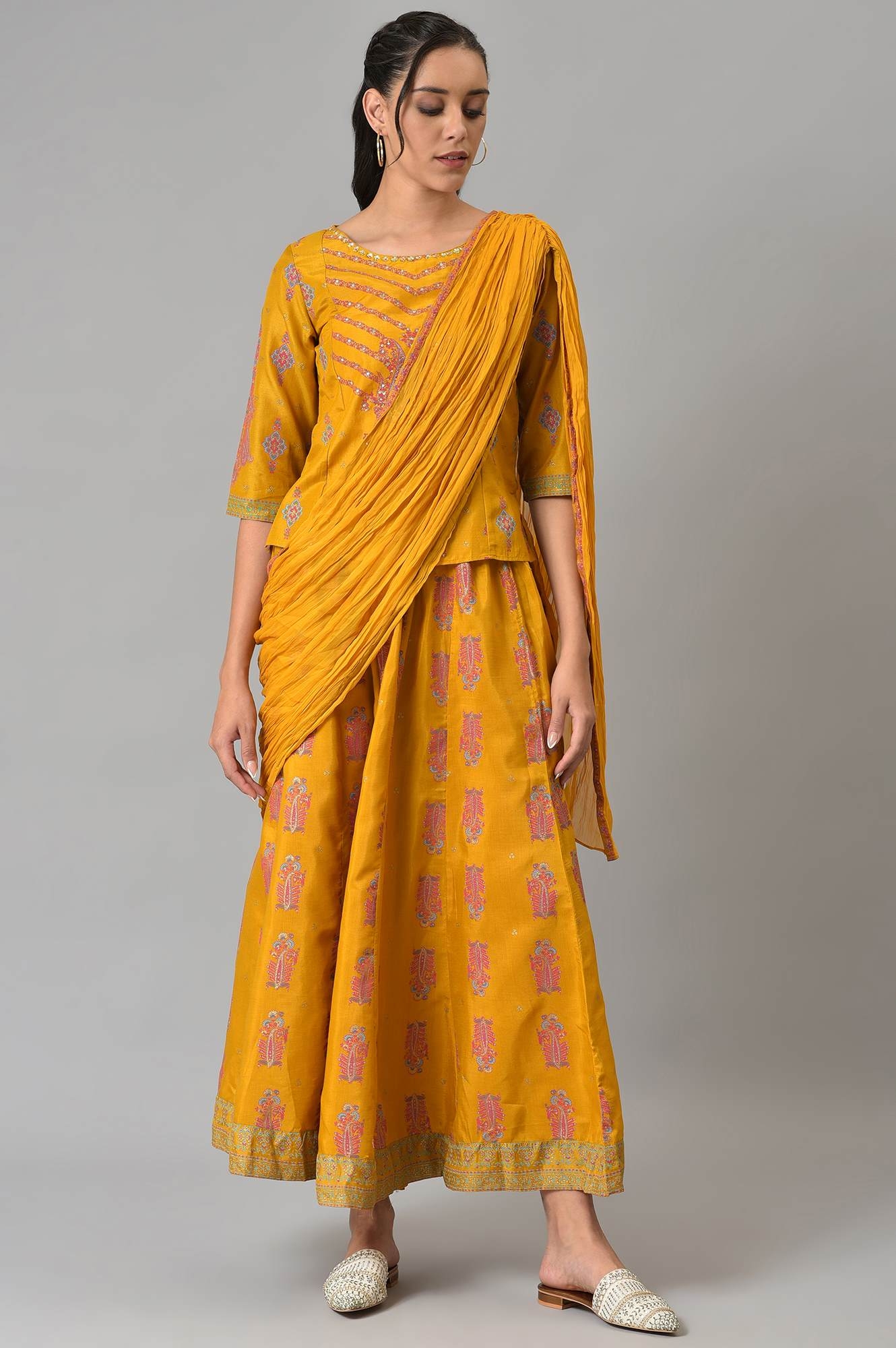 W | W Mustard Festive A-line Top with Culottes having Attached Drape 