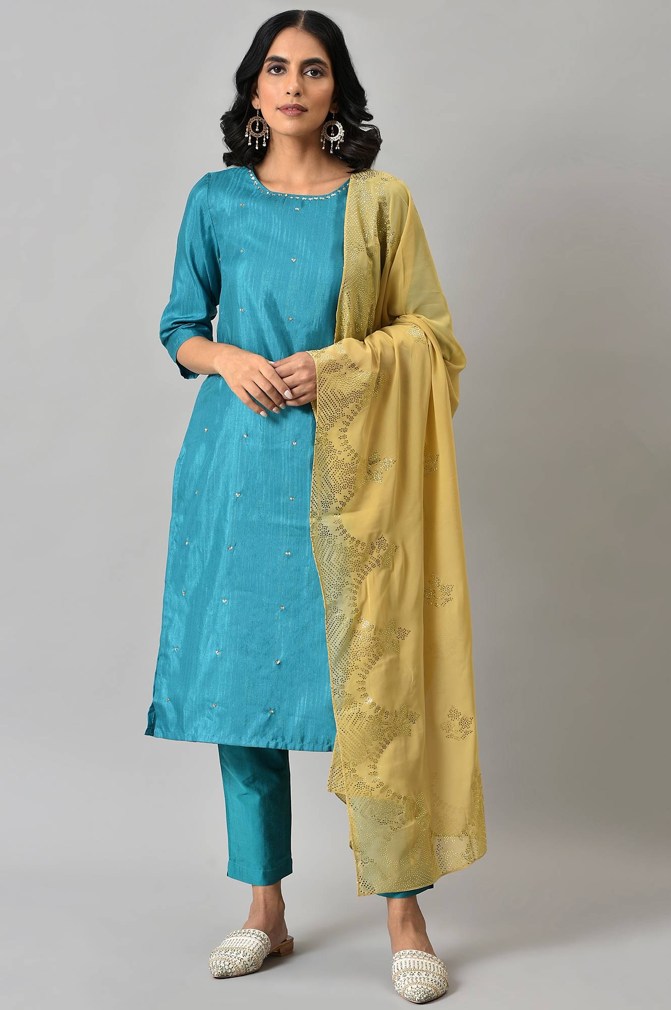 W | W Teal Sequin Highlighted Kurta with Pants and Golden Dupatta