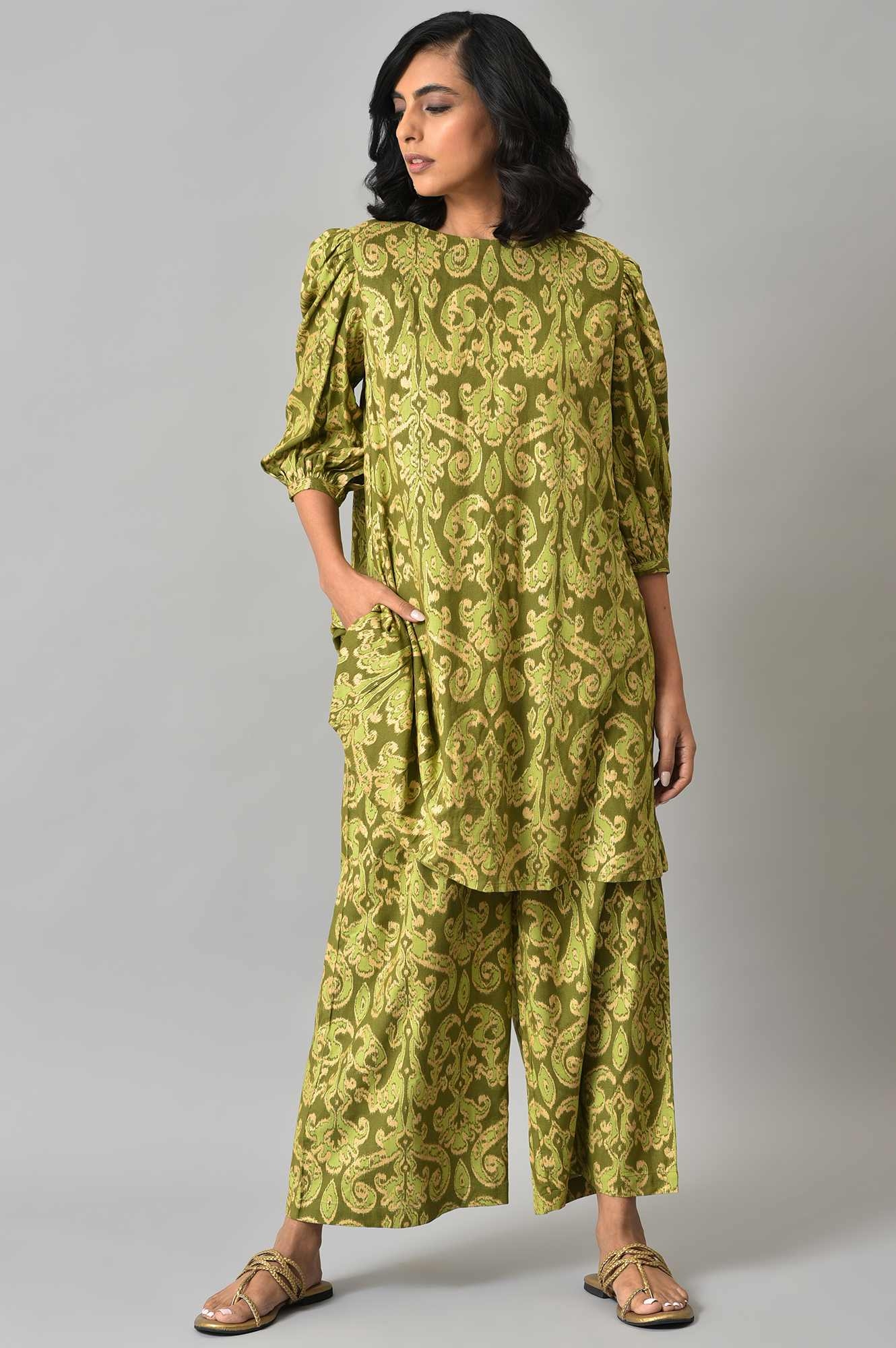 W | Green Ikkat Printed Tunic with Parallel Pants Co-ord Set