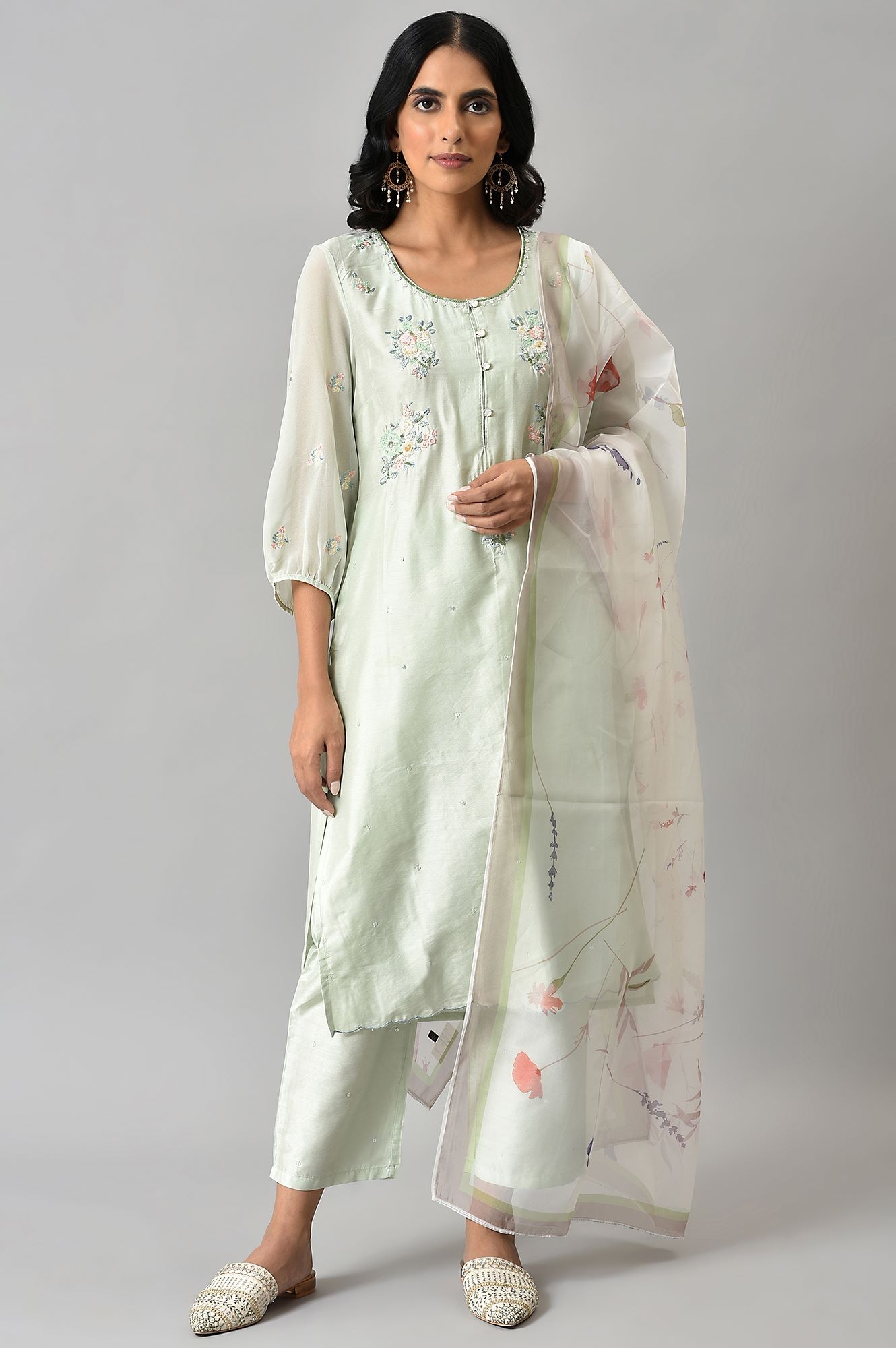 W | Wishful by W Light Green Embroidered Round Neck Kurta with Slim Pants and Dupatta