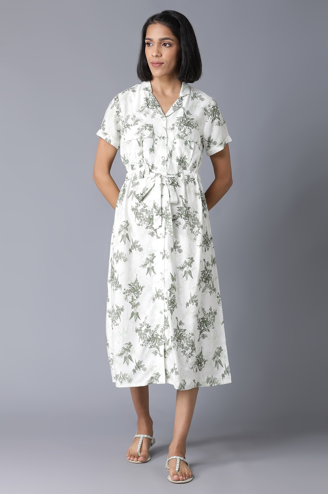 W | W Ecru Floral Print Lapel Collar Dress