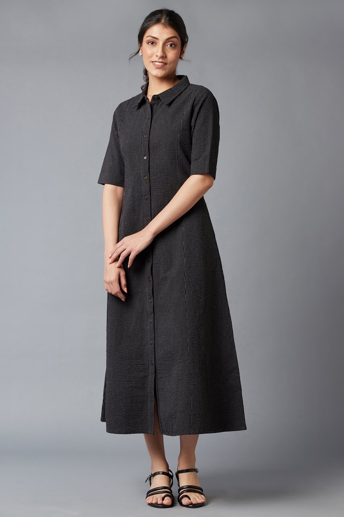 W | W Ercu and Black Embroidered Cotton Shirt Dress