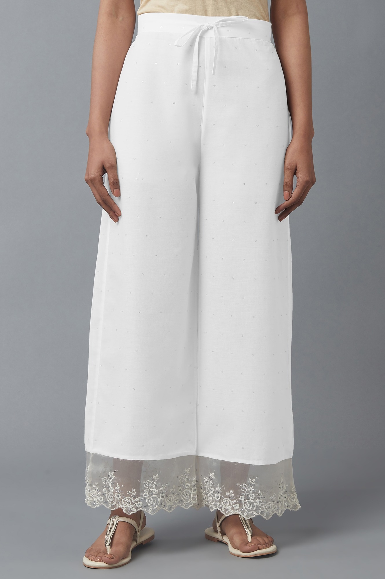W | W Ecru Parallel Pants With Embroidered Organza Panel