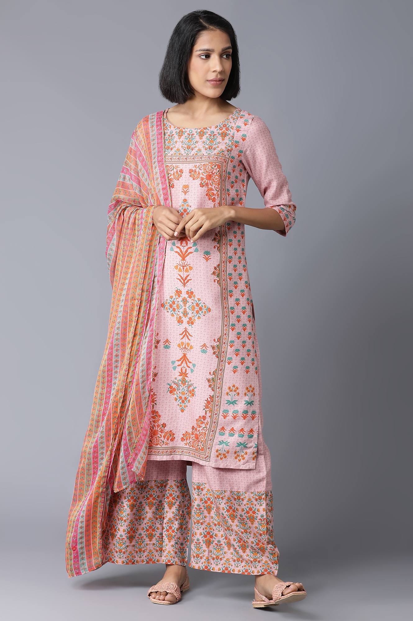 W | W Light Pink Floral Kurta in Round Neck with Parallel Pants and Dupatta