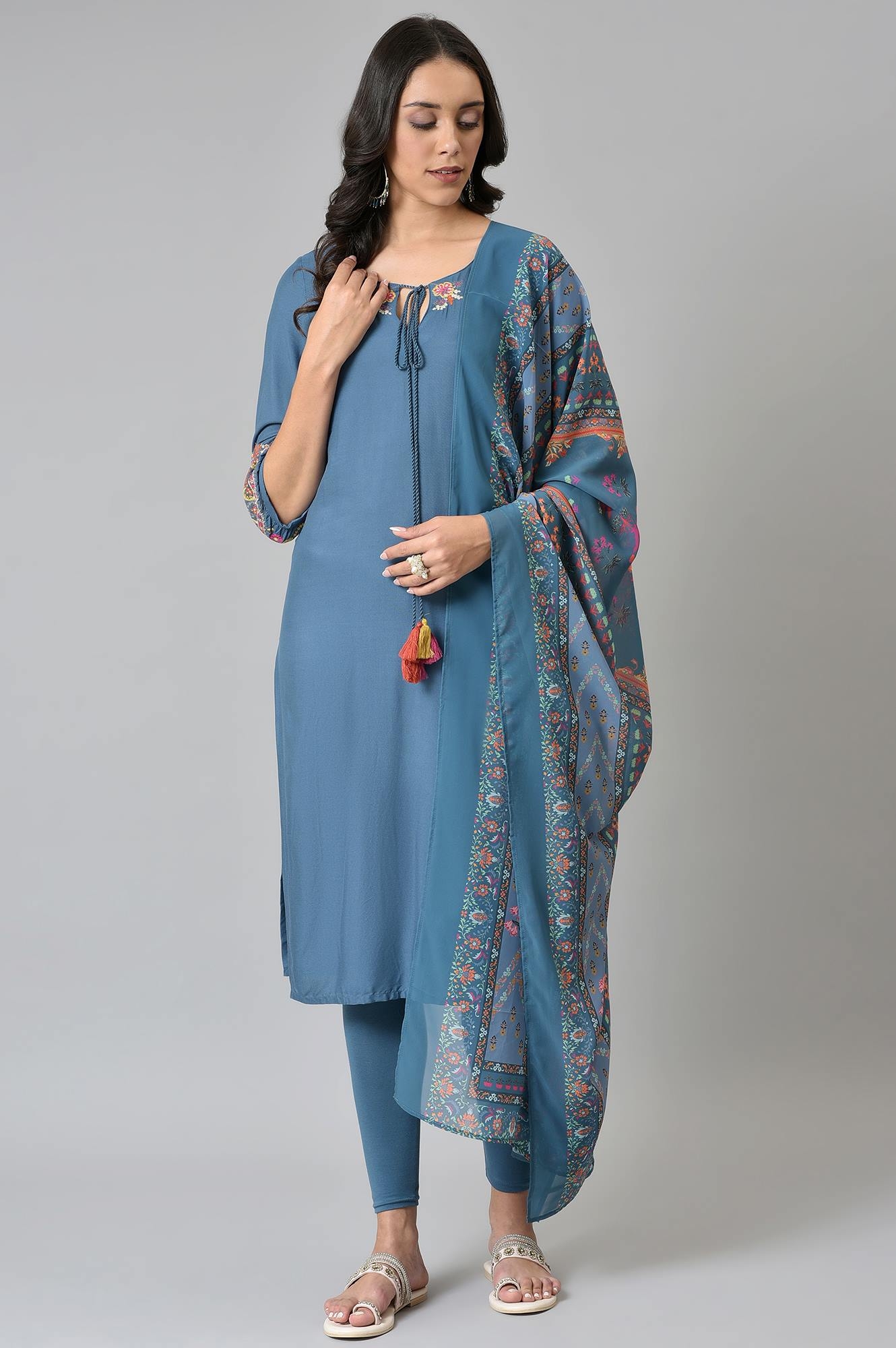 W | W Deep Teal Fusion Embroidered Kurta with Knitted Tights and Printed Dupatta