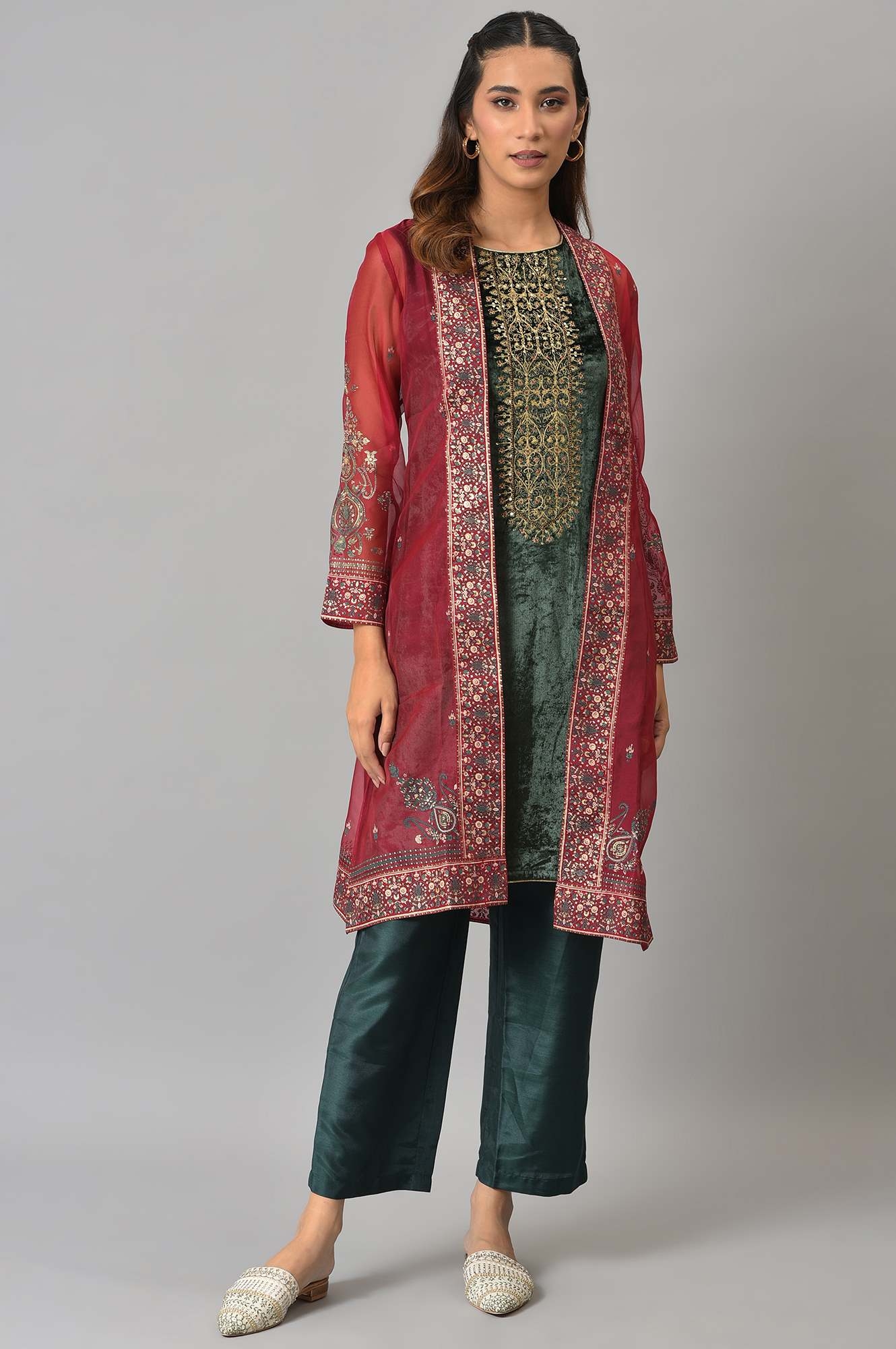 W | Wishful by W Red Organza Jacket with Green Mettalic Embroidered Kurta and Pants