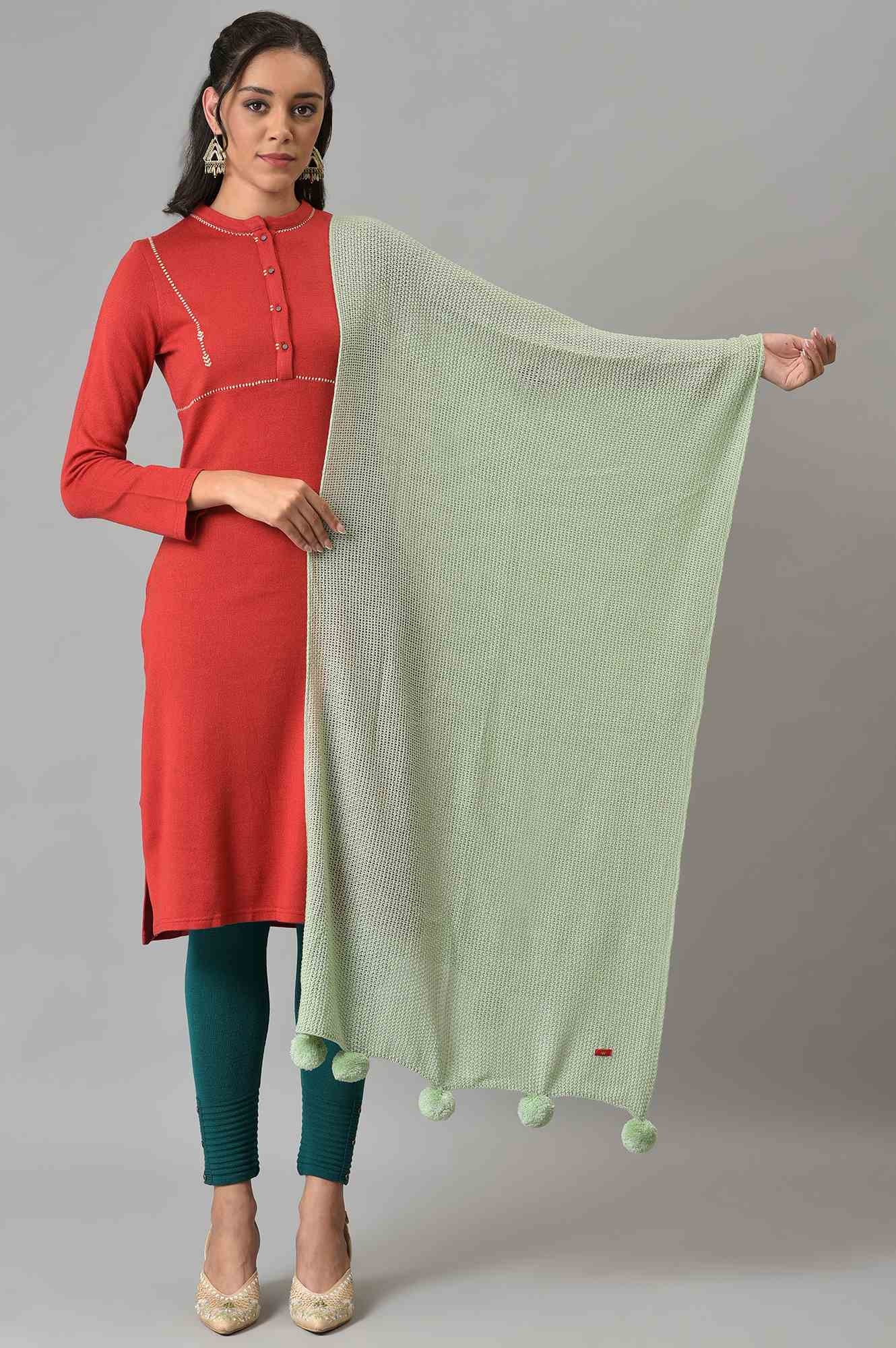W | W Green Knitted Pom Pom Shawl