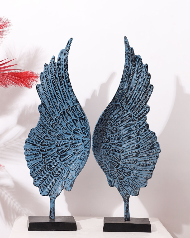 Order Happiness | Order Happiness Metal Blue Color Angel Wings Table Top Showpiece (Pack Of 2) For Home Decoration, Living Room & Office