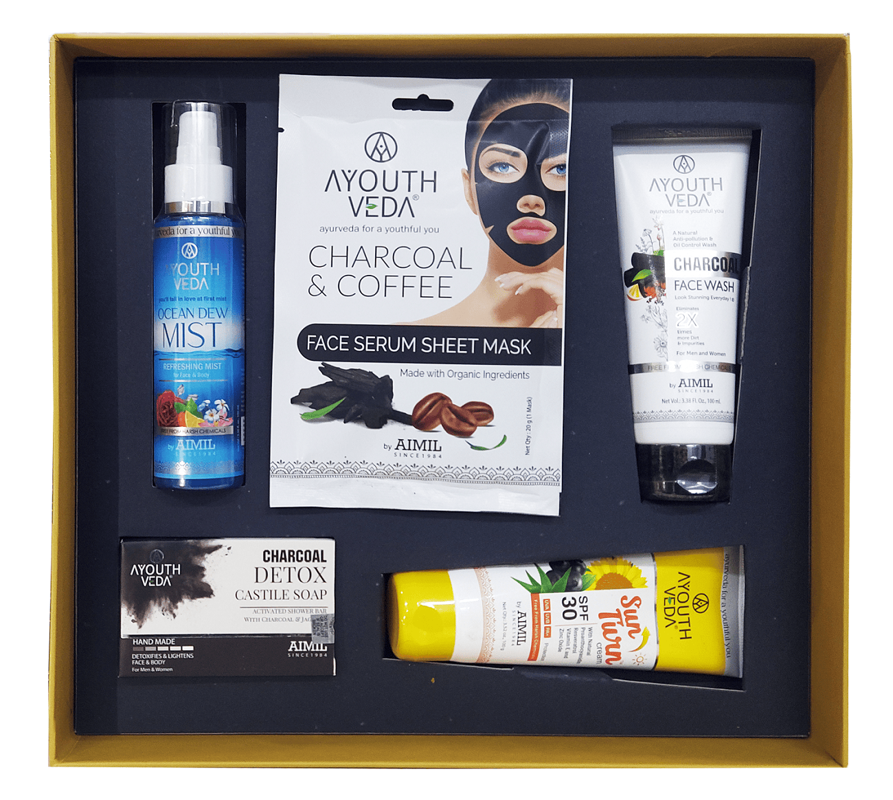 Archies Ayouth Charcoal Detox Skin Care Gift Set ( Charcoal face wash,Charcoal coffee face serum sheet mask,Charcoal detox castile soap,Ocean dew mist,Sun Turn Cream SPF 30 )