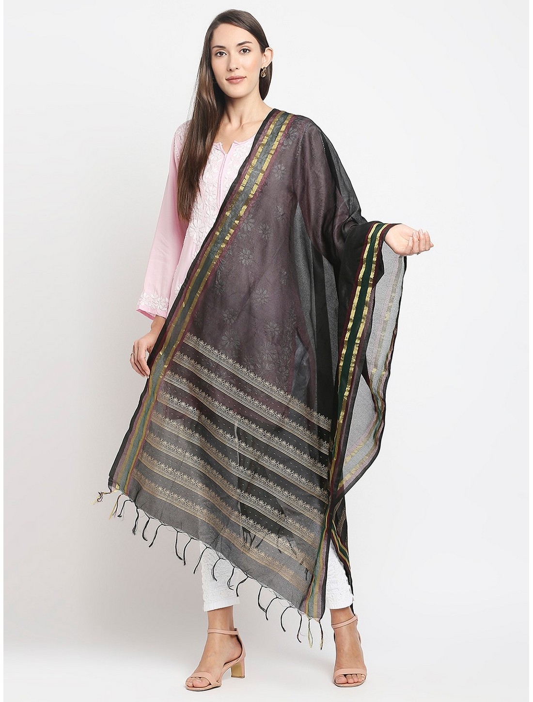 Get Wrapped | Get Wrapped Black Foil Printed Dupatta with Borders  for Women