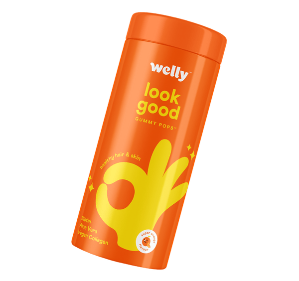 Welly Nutrition | Look Good Gummy Pops | Improves Hair, Skin & Nails with | Infused with Vitamin C, Aloe vera,  Vegan Collagen, Vitamin E | Super Orange Flavour | 100% Vegan | Zero Added Sugar | For Adults-Men & Women