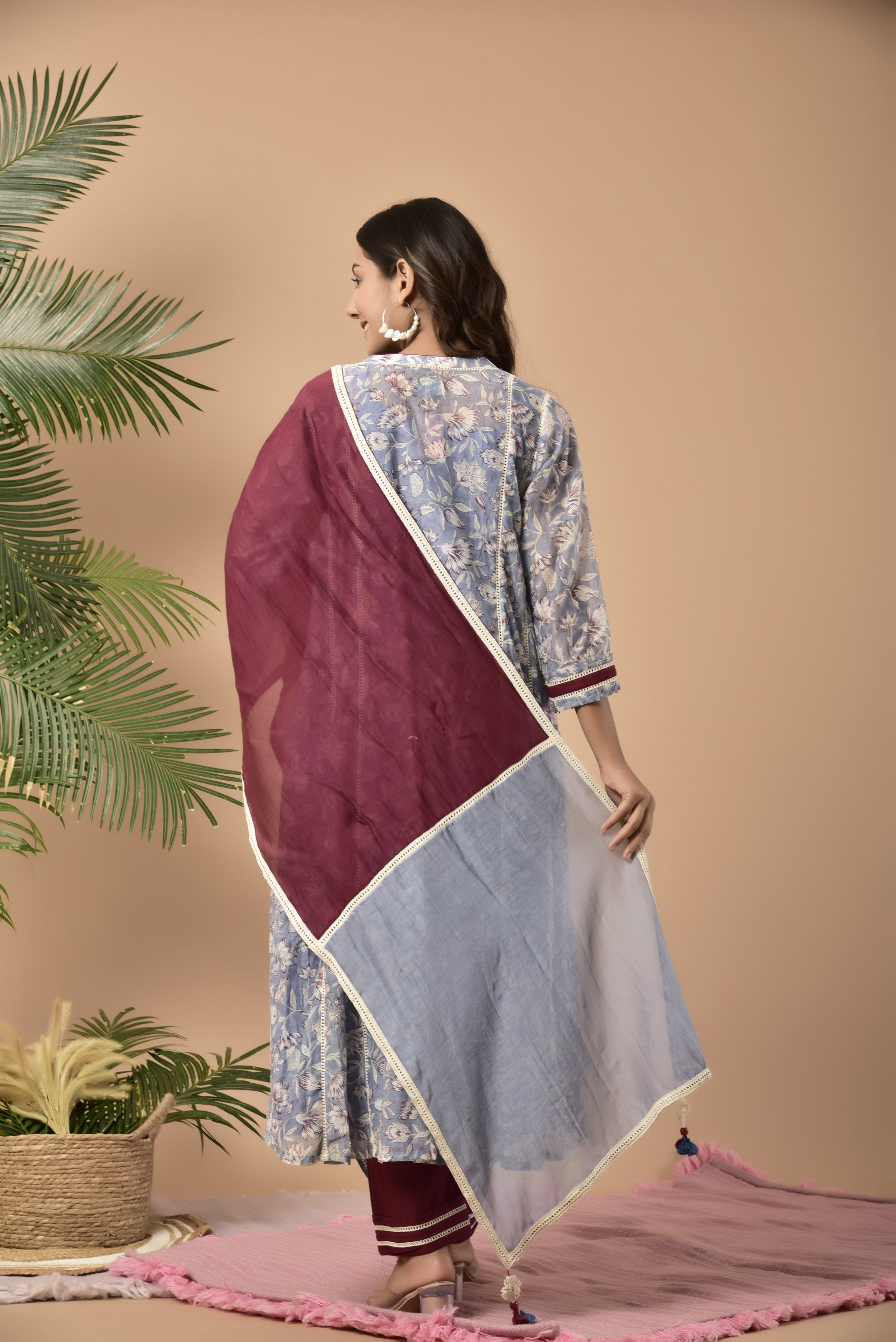 Block printed chanderi kurta with cotton pants and double colour dupatta