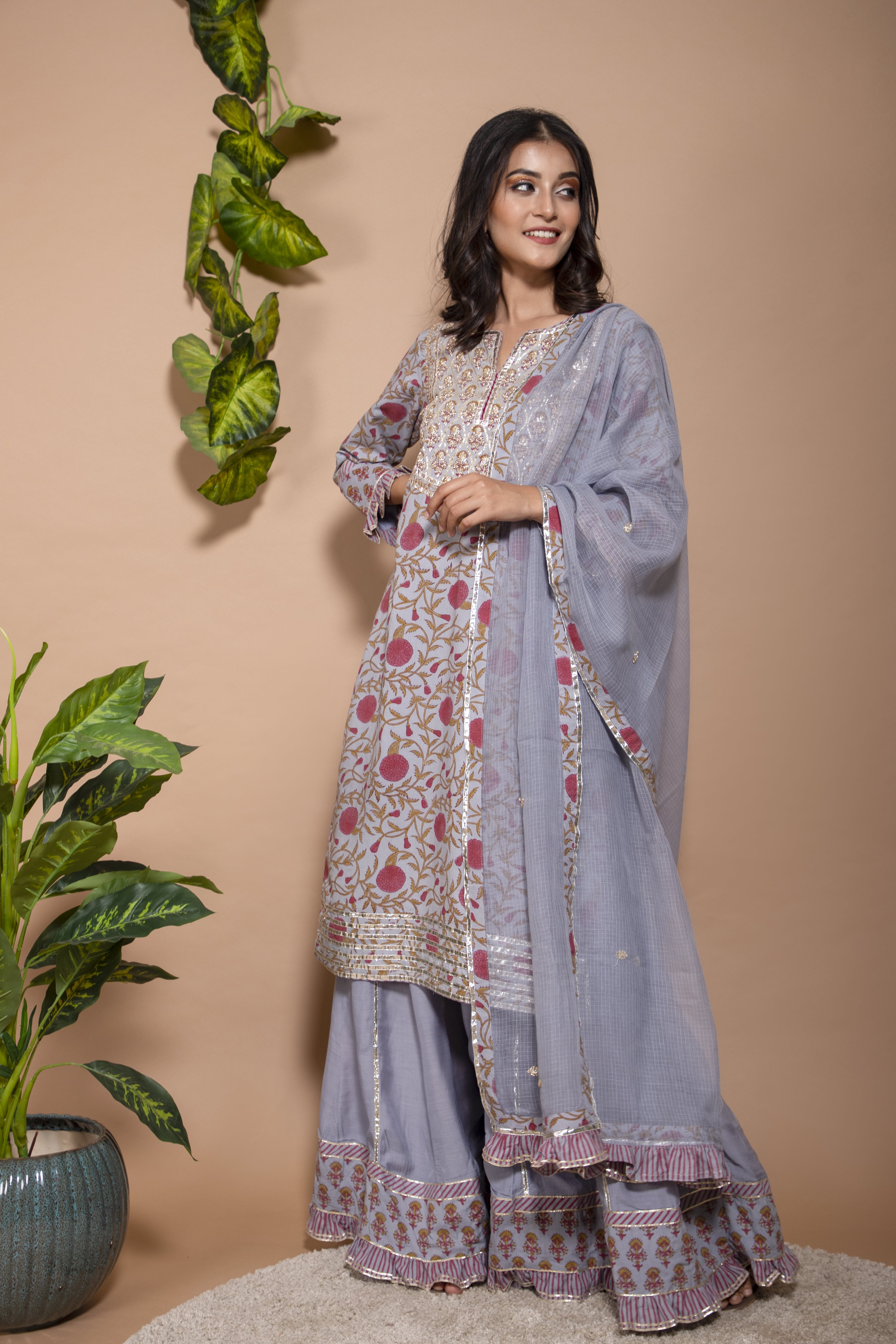Block printed straight fit kurta with patch work on the sharara