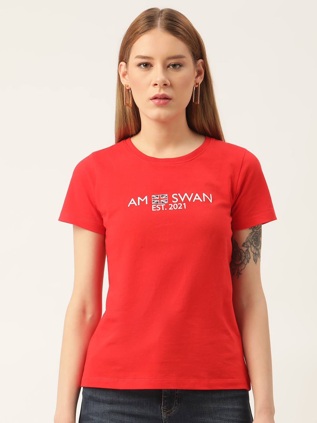 Am Swan | Red Printed Crew Neck T-Shirt