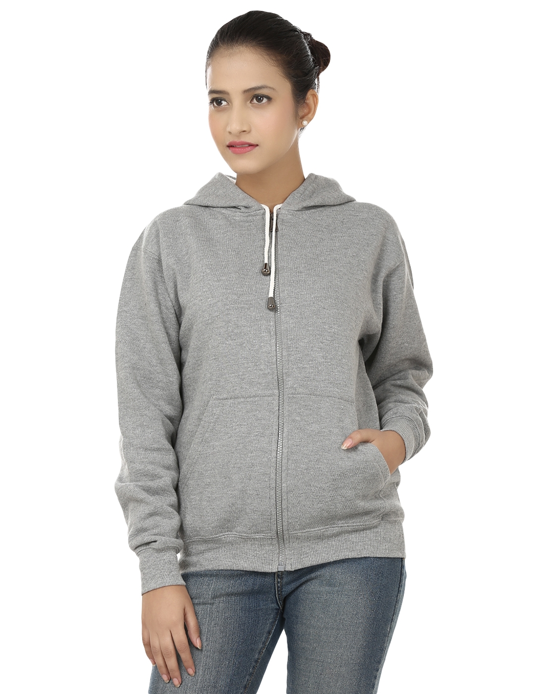Weardo | Grey Stylish Plain Zipper Hooded Sweatshirt 