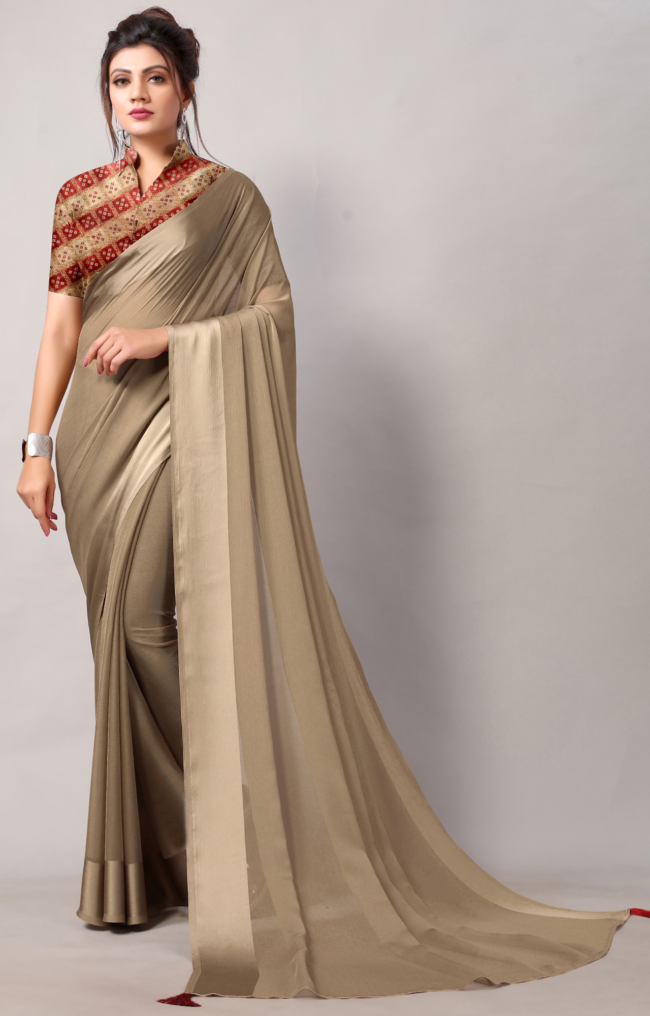 SHAILY RETAILS | Women Grey Chiffon Party Wear Solid Saree-HACFNSTNBDR1079GREY