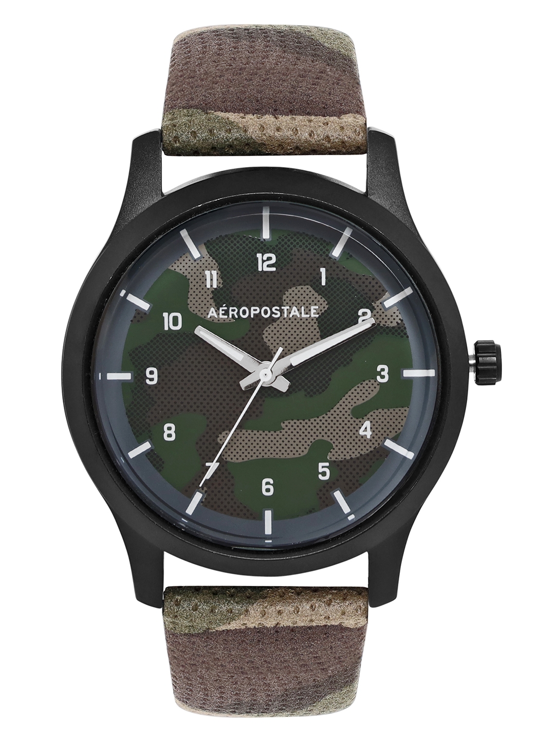 Aeropostale "AERO_AW_A7-1_GRN" Classic Men’s Analog Quartz Wrist Watch, Black Metal Alloy case, Classic Green camouflage Dial with contrasting white hand, Leather  wrist Band  Water resistant 3.0 ATM.