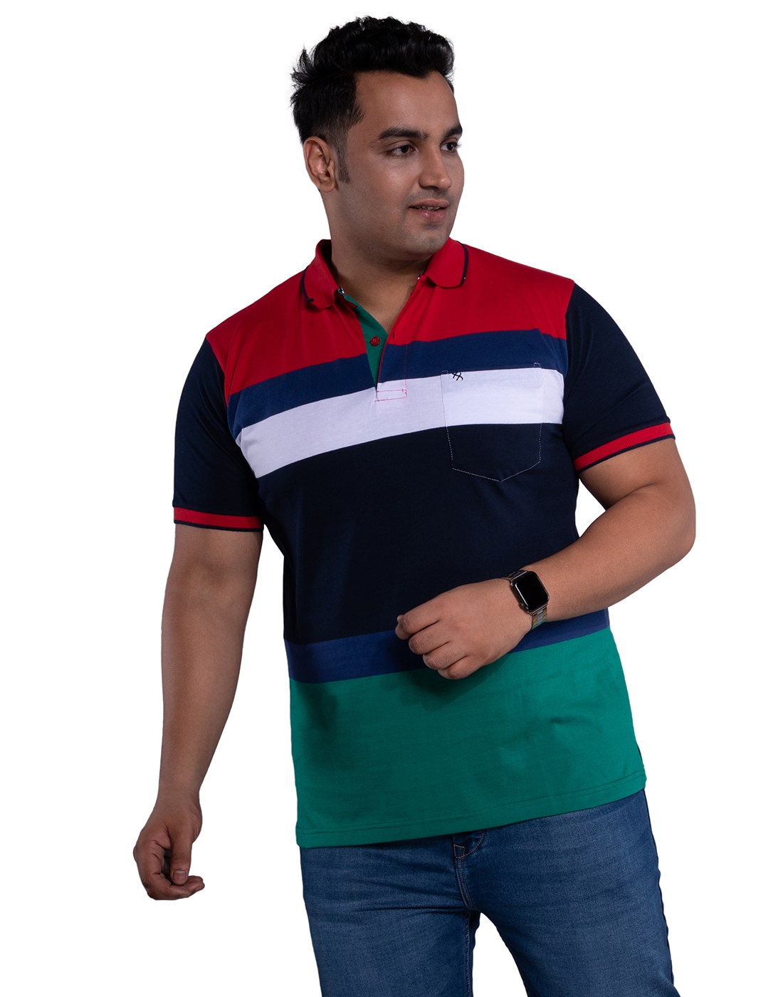 XMEX | Xmex Plus Size Men's Color Block Striped Polo Collar T-shirt