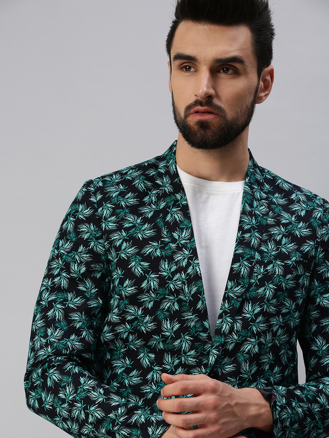 SHOWOFF Men's Notched Lapel Single-Breasted Green Printed Blazer