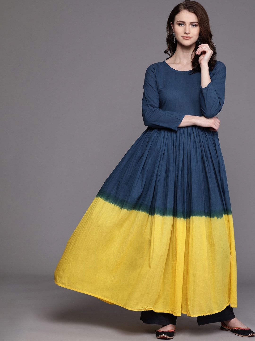 ZNX CLOTHING | Women Navy Blue & Yellow Dyed Anarkali Kurta