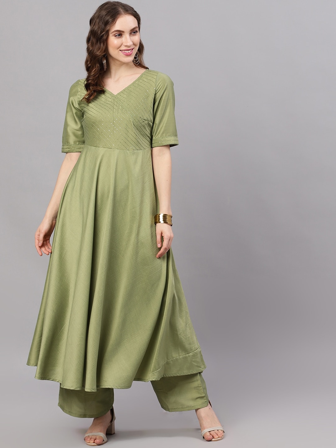 ZNX CLOTHING | Green Chinnon Sequence Work Anarkali