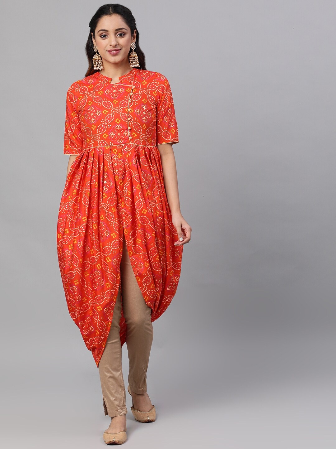 ZNX CLOTHING | Orange & Gold Bandhani Printed Dhoti Design Kurta