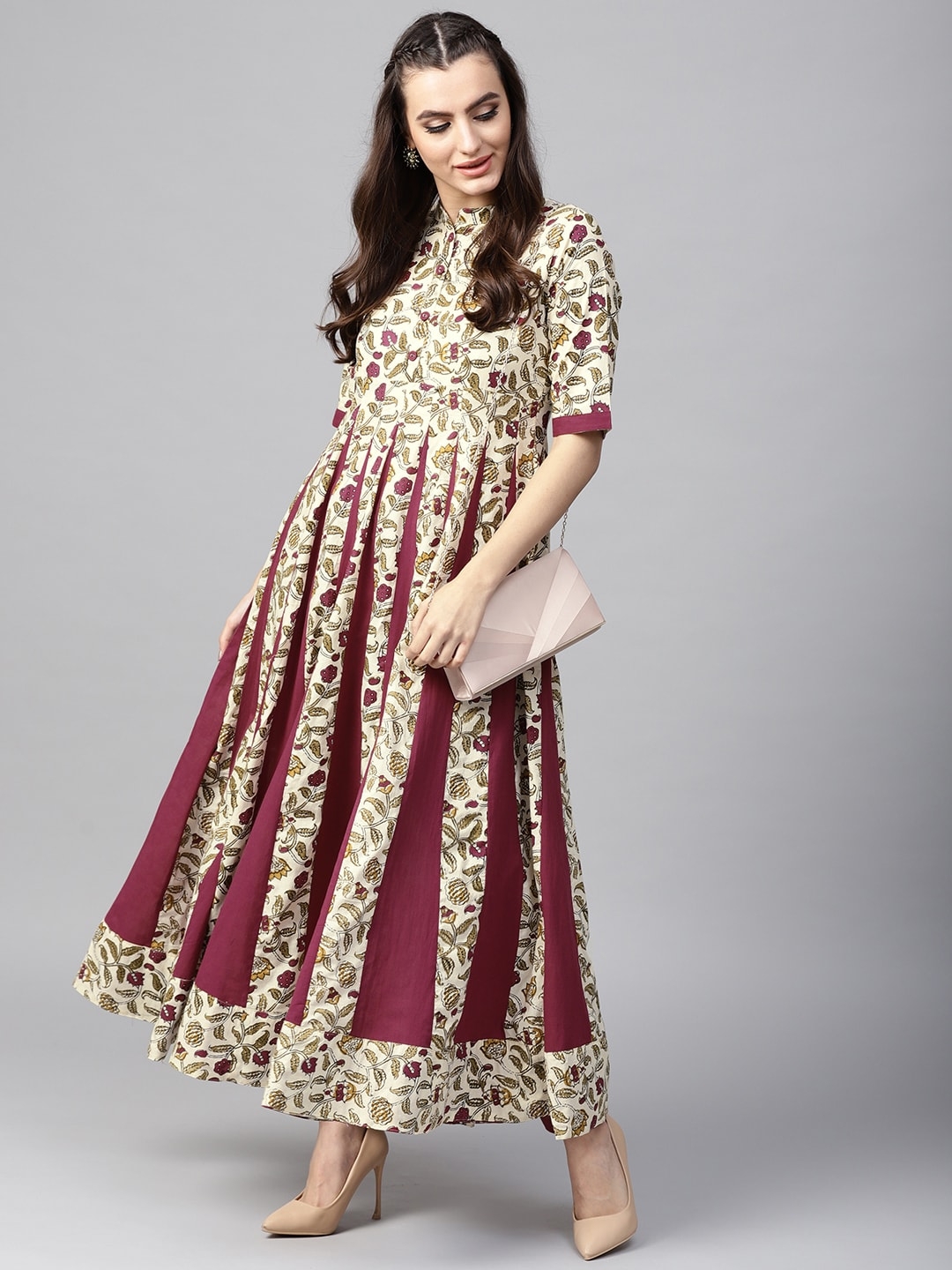 ZNX CLOTHING | Beige & Maroon Floral Printed Flared Anarkali