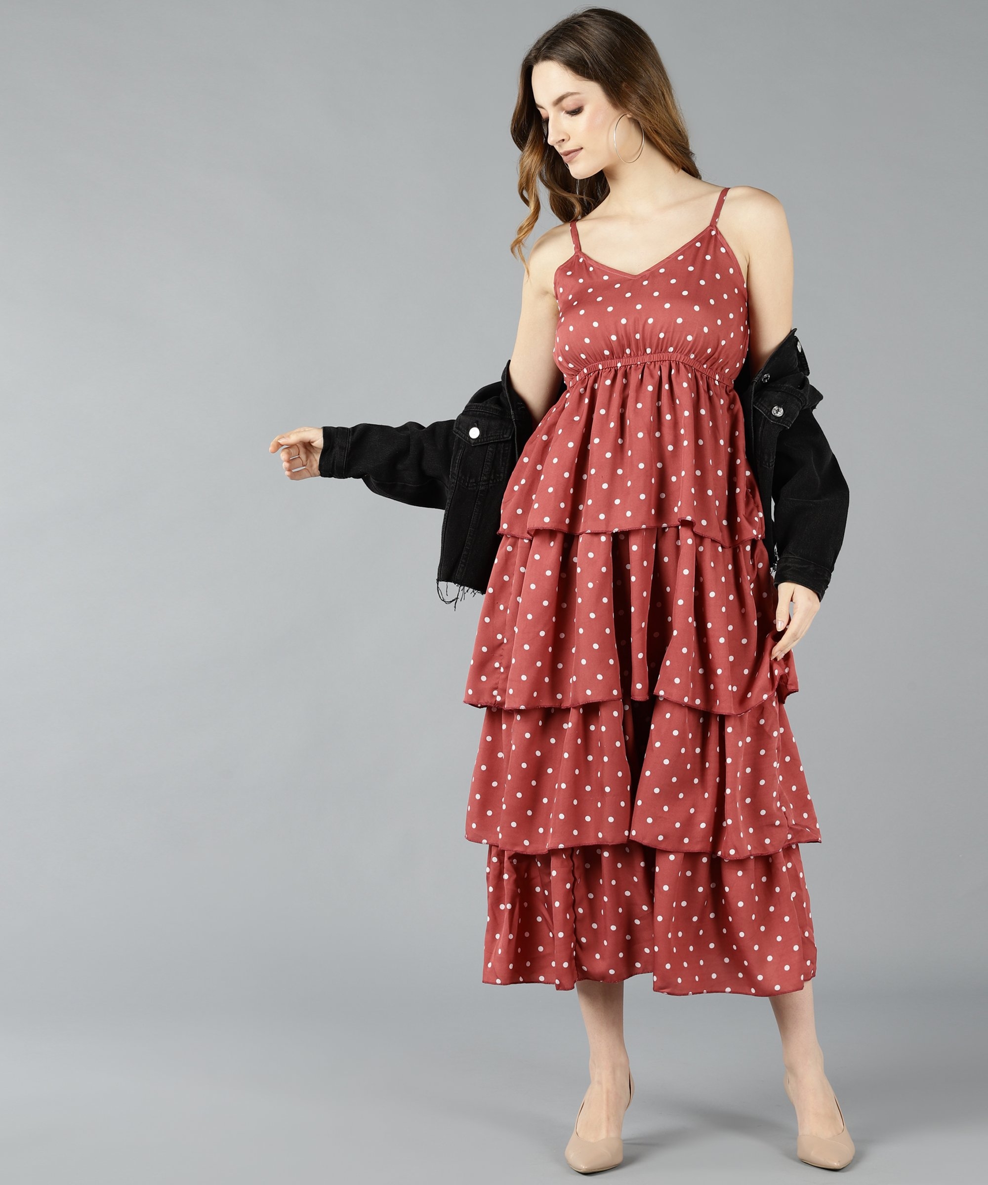 ZNX CLOTHING | Znx Women White Dot Printed Pink Tiered Dress